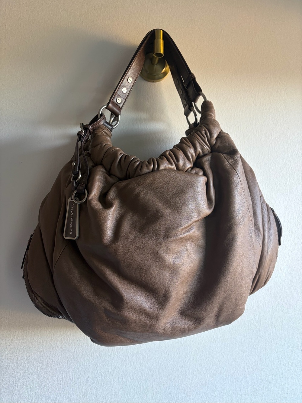 BCBGMaxAzria Brown Gathered Leather Hobo Shoulder Bag